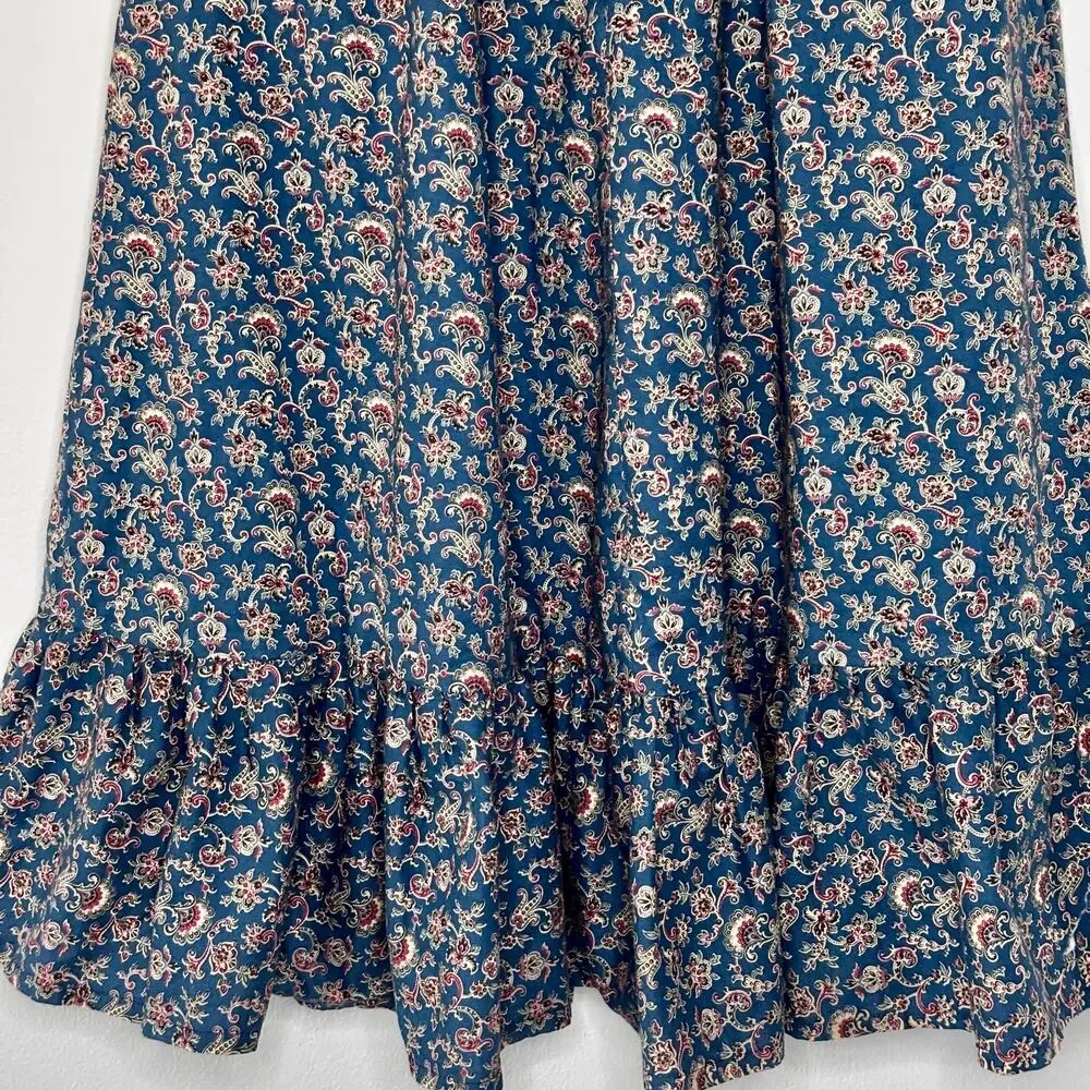 Vintage 1970s Handmade Blue Paisley Chore Skirt Apron Ruffle Pockets Large